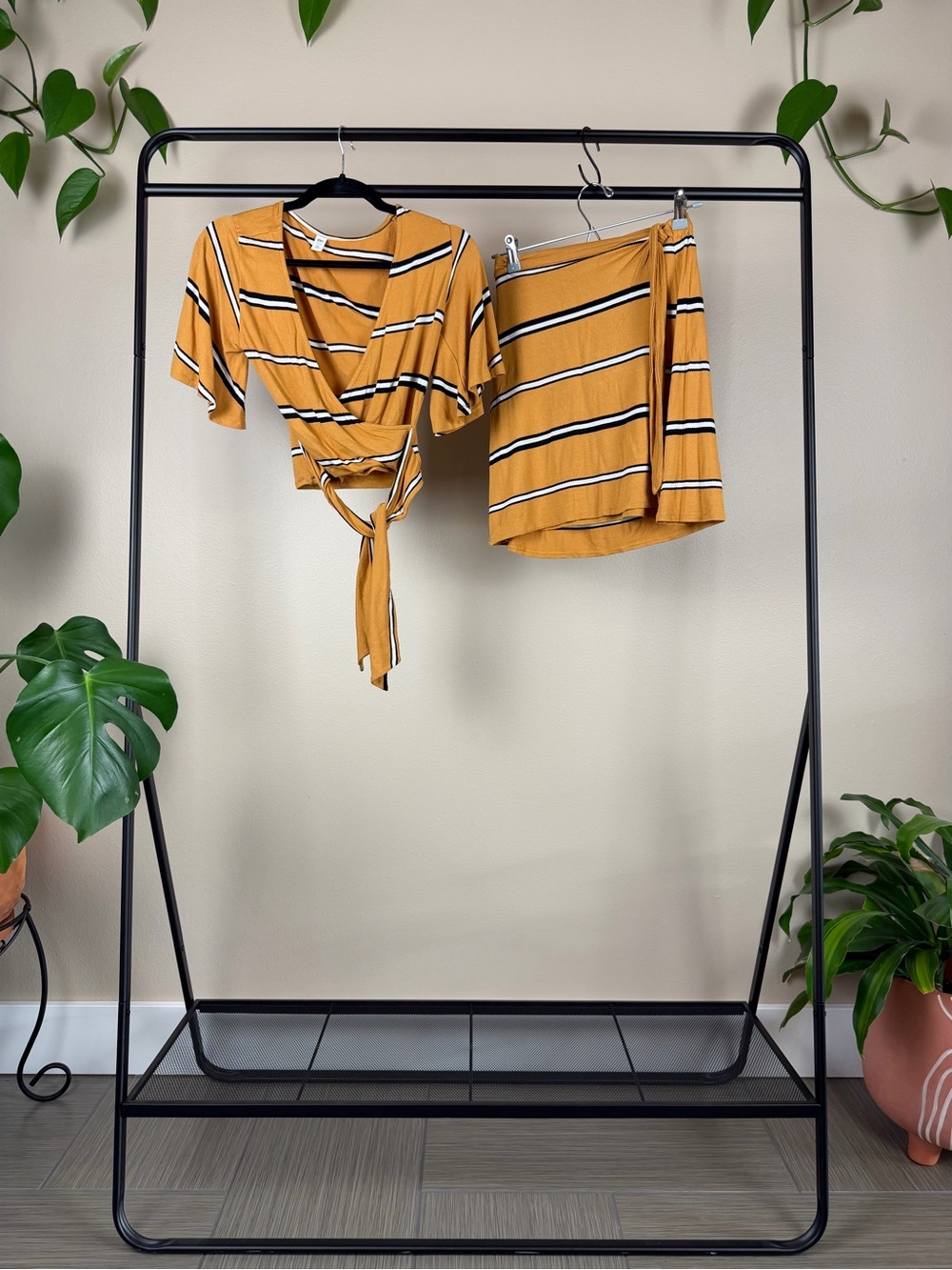 bp Mustard Striped Tie-Front Crop Top and skirt set